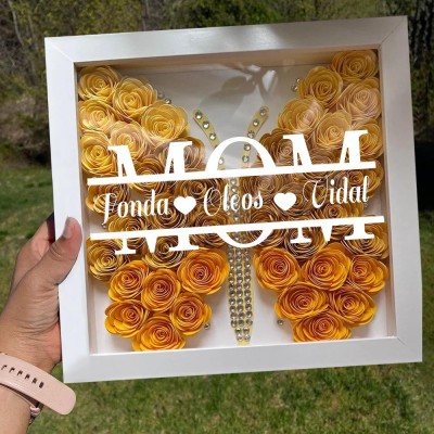 Personalized Mom Butterfly Flower Shadow Box with Kid's Names Mother's Day Gift