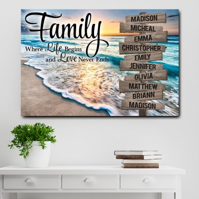 Sunset Beach Family Where Life Begins Love Never Ends Personalized Multi-Names Family Canvas Wall Art