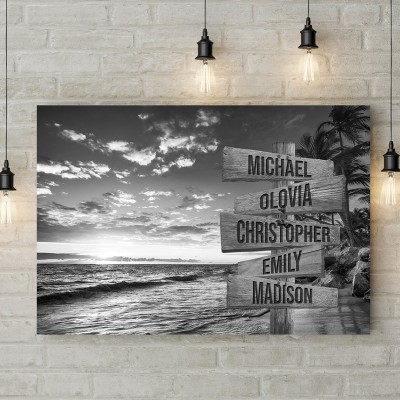 Sunset Beach Ocean Personalized Multi-Names Family Canvas Wall Art