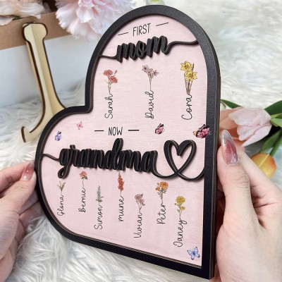 First Mom Now Grandma Personalized Family Birth Flower Wooden Heart Plaque Mother's Day Gift