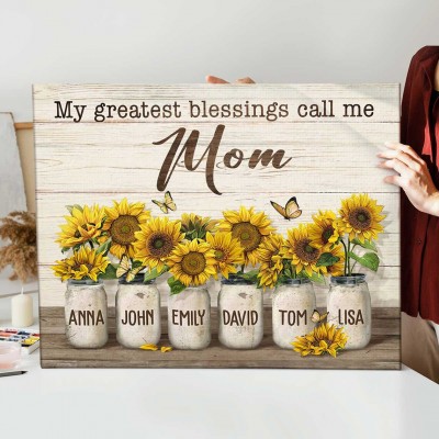 My Greatest Blessings Call Me Mom Personalized Sunflower Family Canvas Wall Art