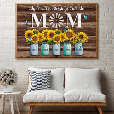 My Greatest Blessings Call Me Mom Personalized Sunflower Family Canvas Wall Art