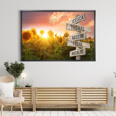 Sunrise Sunflower Personalized Multi-Name Signpost Premium Canvas Wall Art