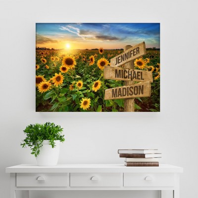 Sunrise Sunflower Personalized Multi-Name Signpost Premium Canvas Wall Art