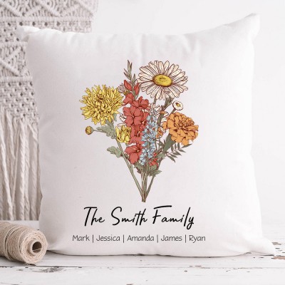 Personalized Birth Flower Bouquet Pillow with 1-20 Names Mother's Day Gift