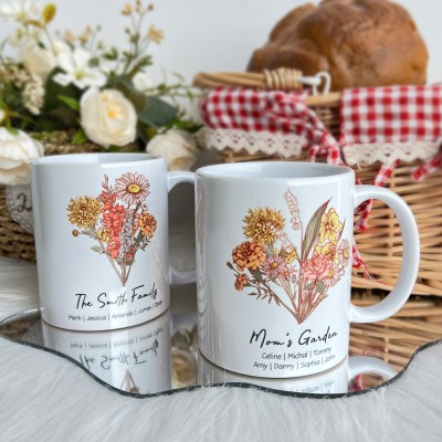 Personalized Birth Flower Bouquet Mug with 1-20 Names Mother's Day Gift