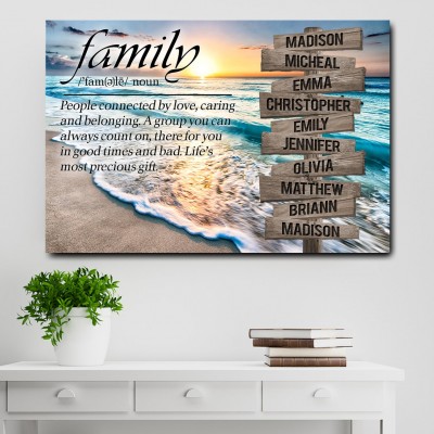 Sunset Beach Ocean Family Definition Inspirational Quote Canvas Personalized Multi-Names Family Canvas Wall Art