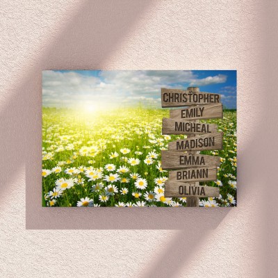 Field Of Daisies Blue Sky Sunset Personalized Multi-Names Family Canvas Wall Art