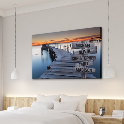 Sunset Lake Dock Personalized Multi-Names Family Canvas Wall Art