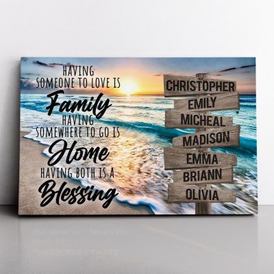 Sunset Beach Family Home Blessing Inspirational Quote Canvas Personalized Multi-Names Family Canvas Wall Art