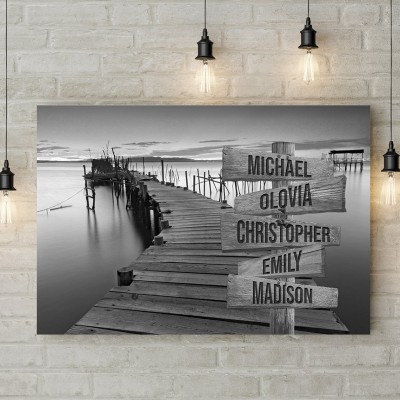 Sunset Lake Dock Personalized Multi-Names Family Canvas Wall Art