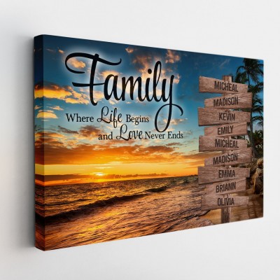 Sunset Beach Family Where Life Begins Love Never Ends Personalized Multi-Names Family Canvas Wall Art