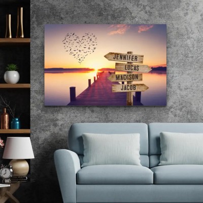 Shared Signpost at the Pier Multi-Names Family Canvas Wall Art