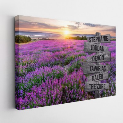 Field Of Lavender Flowers Sunset Personalized Multi-Names Family Canvas Wall Art