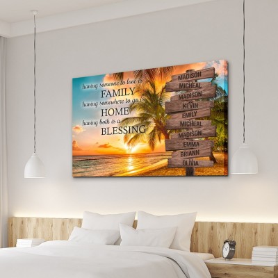 Sky Sunset Palm Beach Family Home Blessing Inspirational Quote Canvas Personalized Multi-Names Family Canvas Wall Art