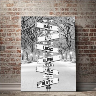 Snowing Central Park Street Sign Custom Family Name Date Of Birth Canvas Wall Art