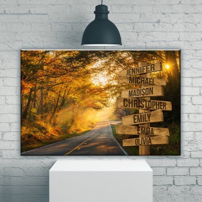 Autumn Road - Colorful Personalized Multi-Name Signpost Premium Canvas Wall Art