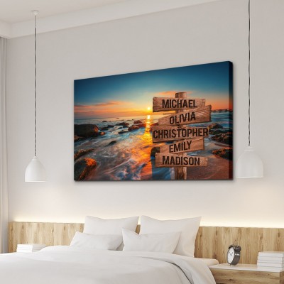 Sunset Beach Personalized Multi-Name Signpost Premium Canvas Wall Art