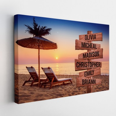 Sunset Beach Personalized Multi-Name Signpost Premium Canvas Wall Art