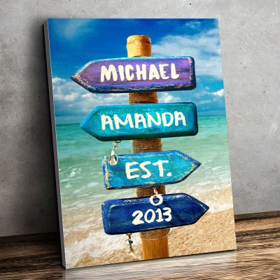 Ocean Beach Street Sign Personalized Multi-Names Family Canvas Wall Art