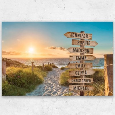 Shared Signpost at the Beach Multi-Names Family Canvas Wall Art