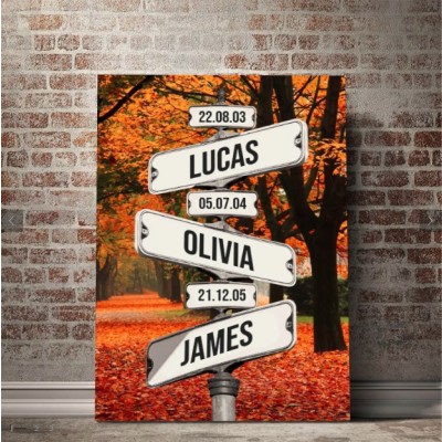 Central Park In Fall Date of Birth of Children Street Sign Personalized Family Canvas Wall Art