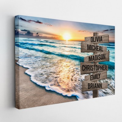 Sunset Beach Ocean Multi-Names Street Sign Personalized Family Canvas Wall Art