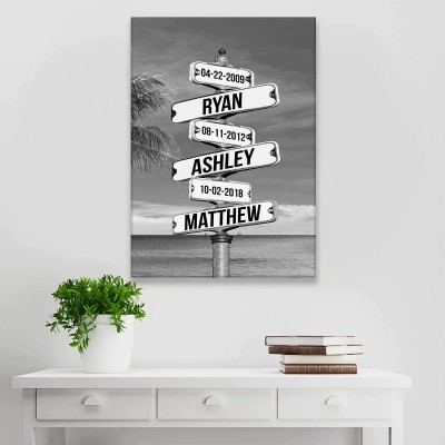 Ocean Sunset Street Sign Date of Birth of Children Personalized Family Canvas Wall Art