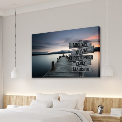 Sunset Lake Dock Multi-Names Family Canvas Wall Art