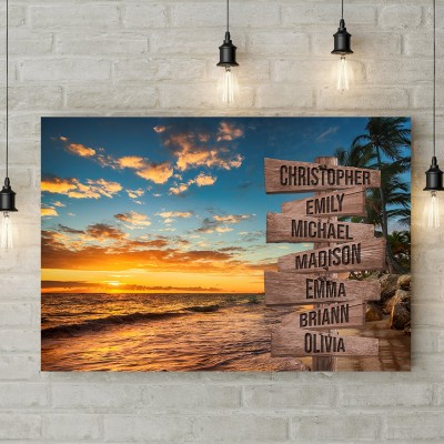 Sunset Beach Ocean Personalized Multi-Names Family Canvas Wall Art