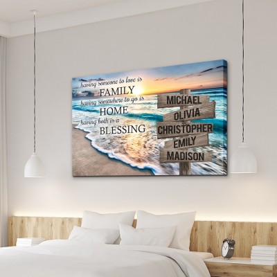 Sunset Beach Family Home Blessing Inspirational Quote Canvas Personalized Multi-Names Family Canvas Wall Art