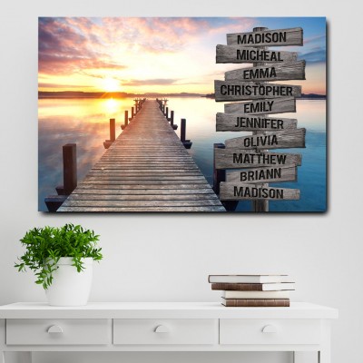 Sunset Lake Dock Personalized Multi-Names Family Canvas Wall Art