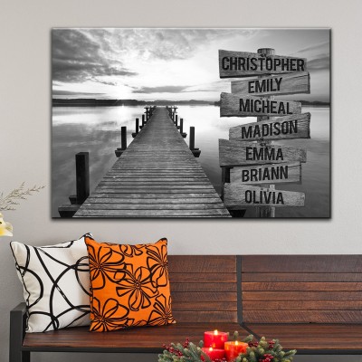 Sunset Lake Dock Personalized Multi-Names Family Canvas Wall Art