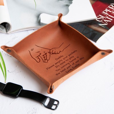 Personalized Genuine Leather Valet Tray Father's Day Catchall Tray Gift for Dad From Kids